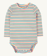 Frugi kids multistripe rainbow betty body available at Babipur. A 100% GOTS organic cotton bodysuit with bright multicoloured stripe. Features popper fasteners on the shoulder and crotch. 