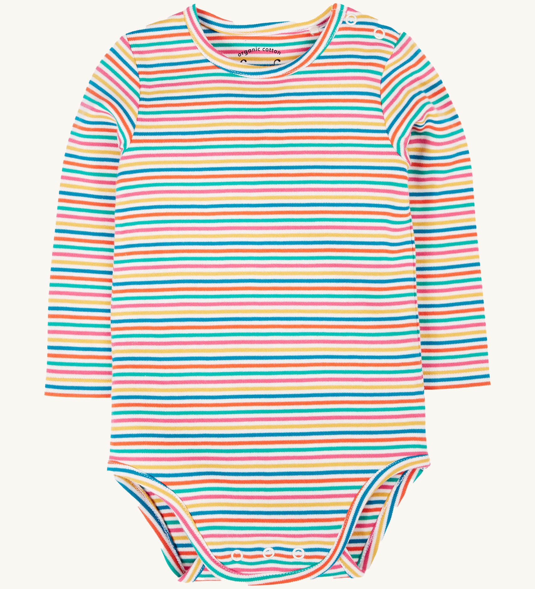 Frugi kids multistripe rainbow betty body available at Babipur. A 100% GOTS organic cotton bodysuit with bright multicoloured stripe. Features popper fasteners on the shoulder and crotch. 