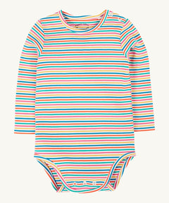 Frugi kids multistripe rainbow betty body available at Babipur. A 100% GOTS organic cotton bodysuit with bright multicoloured stripe. Features popper fasteners on the shoulder and crotch. 