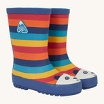Frugi kids puddle buster wellington boots in rainbow panda design. A natural rubber, waterproof wellington with rainbow inspired stripes and navy trim. Features a playful print of a panda on the toe cap. 