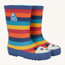Frugi kids puddle buster wellington boots in rainbow panda design. A natural rubber, waterproof wellington with rainbow inspired stripes and navy trim. Features a playful print of a panda on the toe cap. 