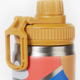 A close up of the Frugi kids Insulated bottle in rainbow sun. Showing the yellow cap with loop detail. 
