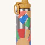 Frugi kids Insulated bottle in rainbow sun. A stainless steel bottle with prints of playful rising sun with rainbow block colours as sunshine rays. Features a yellow cap with a loop. 