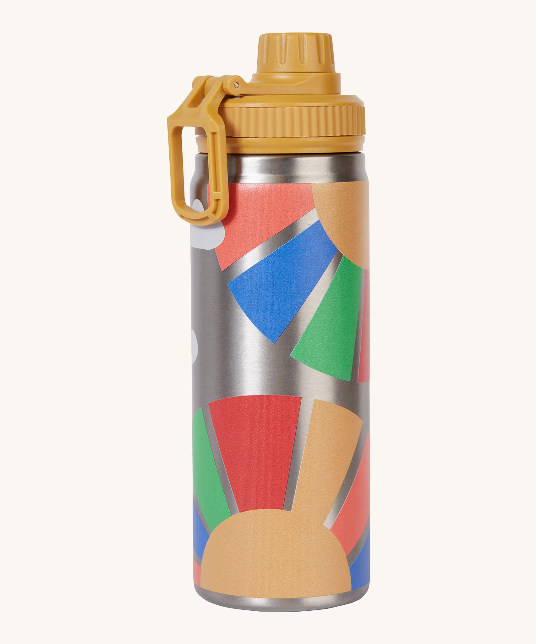 Frugi kids Insulated bottle in rainbow sun. A stainless steel bottle with prints of playful rising sun with rainbow block colours as sunshine rays. Features a yellow cap with a loop. 