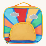 Frugi kids pack a lunch bag in rainbow sun. A back to school lunch bag with a rising sun and rainbow design . Features 2 compartments with zip fasteners and handy pink carry loop.