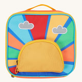 Frugi kids pack a lunch bag in rainbow sun. A back to school lunch bag with a rising sun and rainbow design . Features 2 compartments with zip fasteners and handy pink carry loop.