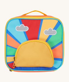 Frugi kids pack a lunch bag in rainbow sun. A back to school lunch bag with a rising sun and rainbow design . Features 2 compartments with zip fasteners and handy pink carry loop.