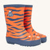 Frugi Children's Puddle Buster Wellington Boots - Salamander/Tiger, with a bold orange and blue tiger stripe print