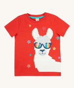 Frugi kids red llama character t-shirt - GOTS organic cotton Frugi t-shirt in red with a red neck trim and light blue inside neck trim. Features a white and grey llama appliqué wearing rainbow sunglasses and surrounded by different coloured embroidered stars. 