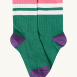 Frugi kids rib sock in dark green from the reed multipack. 100% GOTS organic cotton sock with light pink and purple trim. 