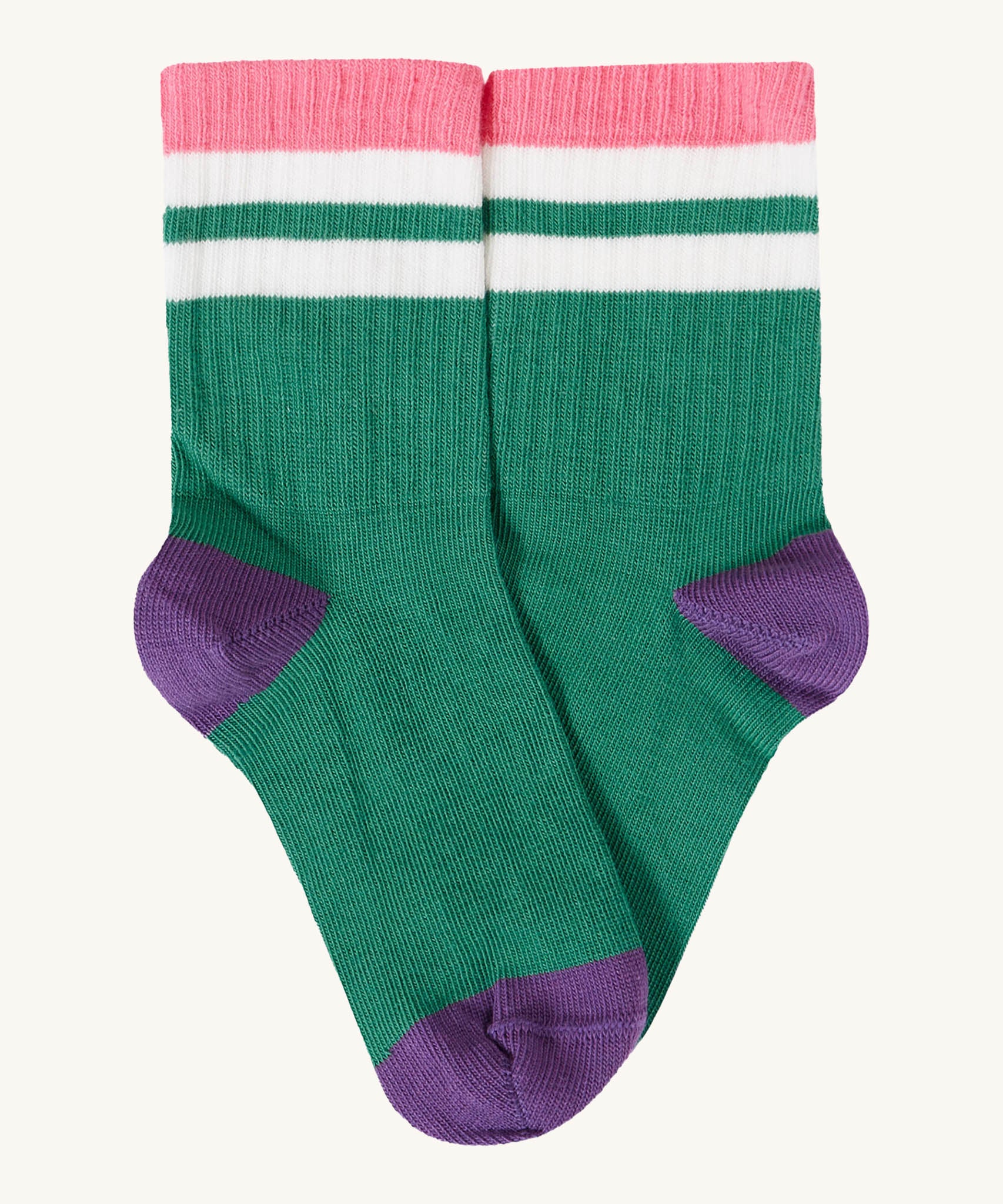 Frugi kids rib sock in dark green from the reed multipack. 100% GOTS organic cotton sock with light pink and purple trim. 