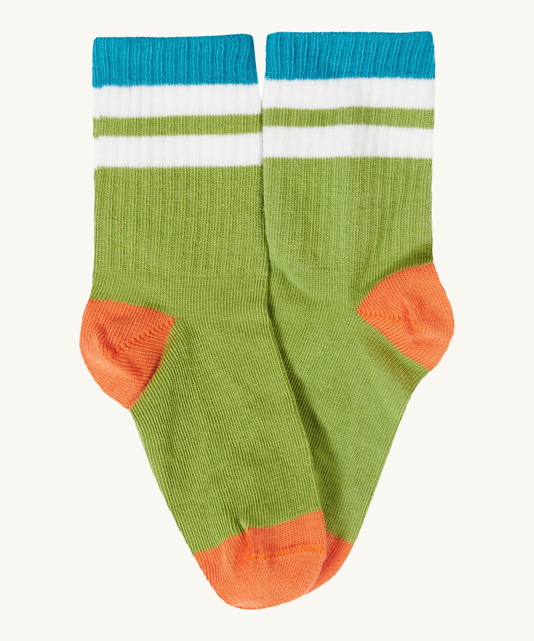 Frugi kids rib sock in light green from the reed multipack. 100% GOTS organic cotton sock with light blue and orange trim. 