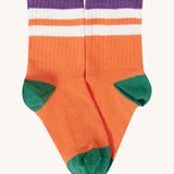 Frugi kids rib sock in orange from the reed multipack. 100% GOTS organic cotton sock with purple and green trim. 
