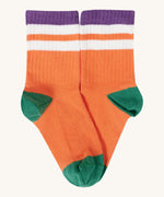 Frugi kids rib sock in orange from the reed multipack. 100% GOTS organic cotton sock with purple and green trim. 
