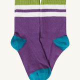 Frugi kids rib sock in purple from the reed multipack. 100% GOTS organic cotton sock in purple with light green and blue trim.