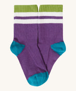 Frugi kids rib sock in purple from the reed multipack. 100% GOTS organic cotton sock in purple with light green and blue trim.