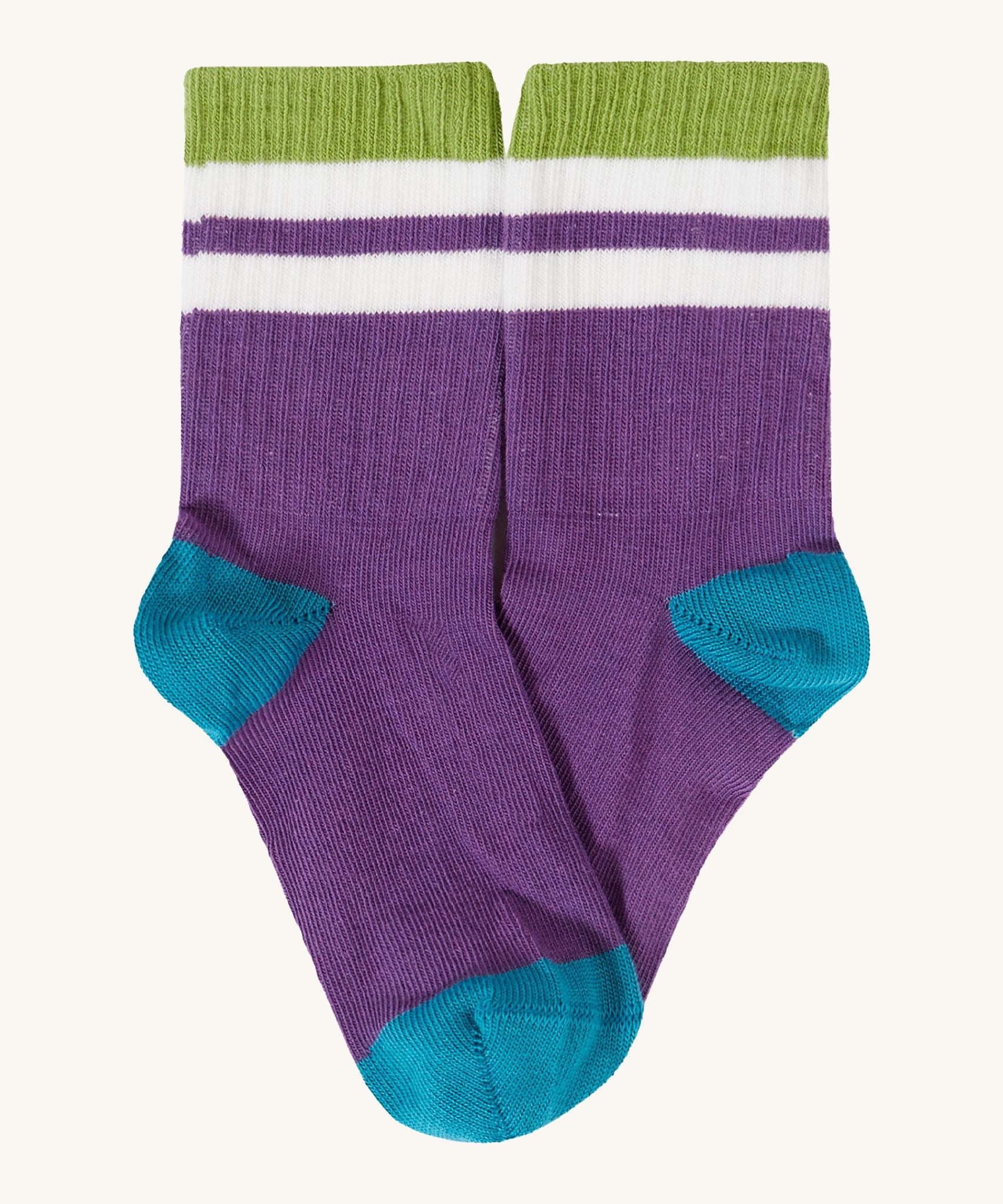 Frugi kids rib sock in purple from the reed multipack. 100% GOTS organic cotton sock in purple with light green and blue trim.