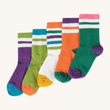 Frugi kids reed rib multipack socks in rainbow available at Babipur. 100% GOTS organic cotton socks in purple, light green, white, orange and dark green with white stripes and coloured trim