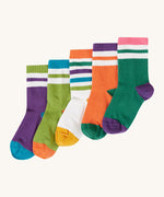 Frugi kids reed rib multipack socks in rainbow available at Babipur. 100% GOTS organic cotton socks in purple, light green, white, orange and dark green with white stripes and coloured trim