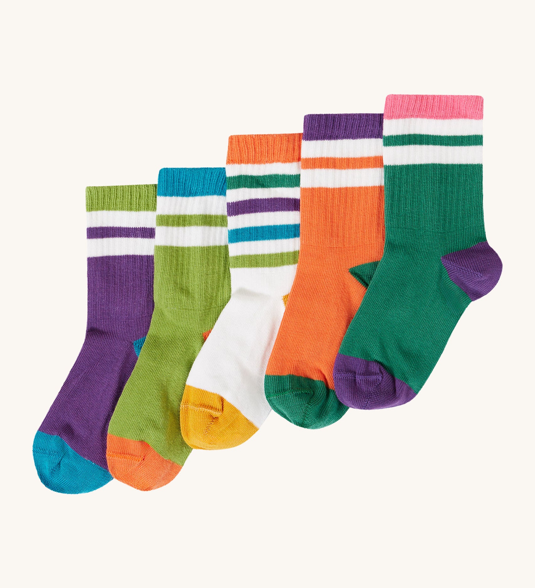 Frugi kids reed rib multipack socks in rainbow available at Babipur. 100% GOTS organic cotton socks in purple, light green, white, orange and dark green with white stripes and coloured trim