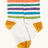 Frugi kids rib sock in white from the reed multipack. 100% GOTS organic cotton sock with orange,  yellow trim and a striped design on the ankle