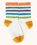 Frugi kids rib sock in white from the reed multipack. 100% GOTS organic cotton sock with orange,  yellow trim and a striped design on the ankle