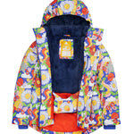 A child outside wearing the Frugi Children's Snow &amp; Ski Coat - Retro Happy