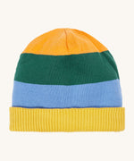 A close up of the Frugi reversible voyager hat showing the bold yellow, green and blue striped design on GOTS organic cotton fabric with a yellow soft ribbed trim.