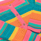 A close up of the Frugi kids rowe rainbow cardigan in rainbow/pointelle showing the button and soft patterned knit detail.