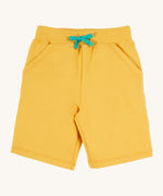 Frugi kids bumblebee Samson shorts - GOTS organic cotton Frugi kids shorts in yellow with a turquoise waist drawstring 