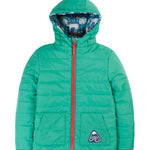 A closer look at the hood and zipper of the Frugi Reversible Toasty Trail Jacket - Wild Horses