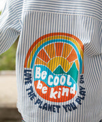 Frugi kids shacket, shirt with blue and white stripes and rainbow design worn by a child back detail
