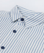 Frugi kids shacket, shirt with blue and white stripes and rainbow design worn collar detail
