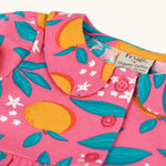  short sleeve dress with an all over orange and orange blossom print