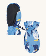 The back of the Frugi kids penguin waddle snow mittens. Showing the grippy palm detail on recycled polyester fabric.