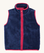 The removable navy fleece gilet from the Frugi 3 in 1 snapdragon/navy rambler waterproof coat. A thick warm fleece with a full length zip in pink and matching trim