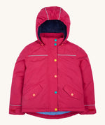 Frugi kids 3 in 1 rambler coat in snapdragon /navy colourway. A waterproof coat from post consumer recycled polyester. Features a removable hood and 2 side pockets with different colour poppers