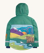 The back of the Frugi kids snow and ski coat in green with a mountain scene. Showing a sketch style mountain scene in bright colours on the bottom back of the coat. 