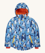 Frugi kids snow and ski coat in penguin waddle. A light blue thick recycled polyester coat with a padded orange inner. Features a hood, 2 side pockets, extendable arm cuffs with reflective strips