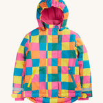 Frugi kids snow and ski coat in rainbow check. A thick recycled polyester coat with a padded pink fleece inner. Features a hood, 2 side pockets and extendable arm cuffs with reflective strips.