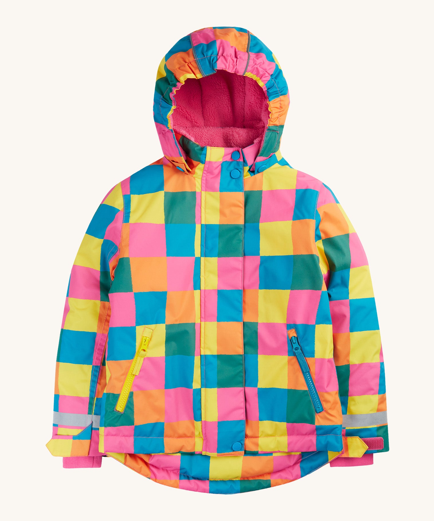 Frugi kids snow and ski coat in rainbow check. A thick recycled polyester coat with a padded pink fleece inner. Features a hood, 2 side pockets and extendable arm cuffs with reflective strips.