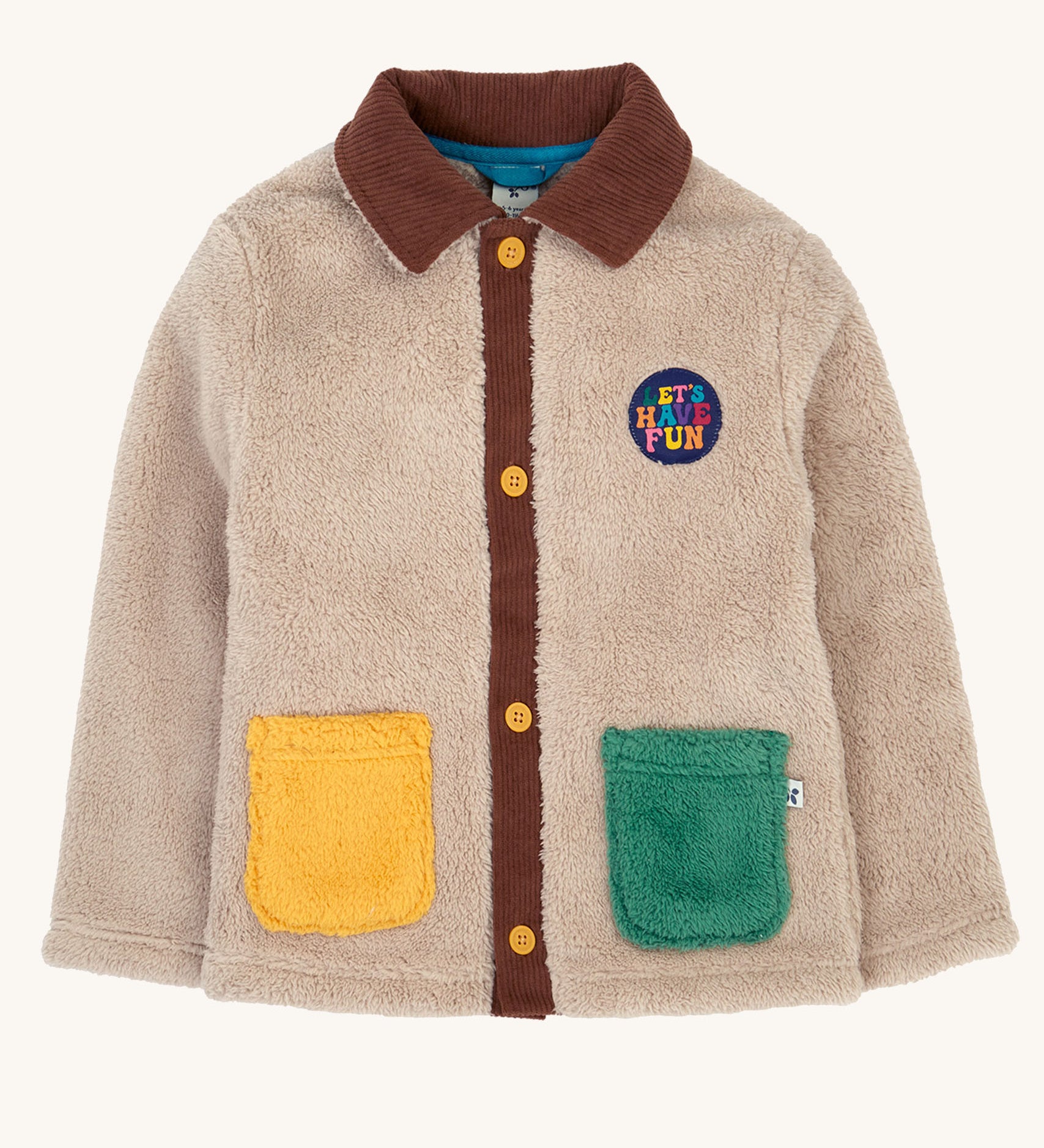 frugi kids snuggly cord jacket in twig/hotchpotch available at Babipur. A cream ted fleece style jacket with a brown cord colour. Features button fasteners, a yellow and green pouch pocker and a circular patch on the chest