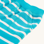  light aqua blue and white Breton striped shorts have a comfy elasticated waistband and two handy pockets