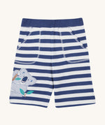 Frugi kids sunny koala big stripe short - GOTS organic cotton kids shorts in navy and white stripes with a navy waist band. Features two front pockets with white stitch trim and a koala appliqué