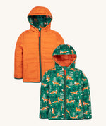 Frugi kids toasty trail reversible jacket in squirrel / fox colourway. A post consumer recycled polyester jacket with a playful fox in woodland design and a orange colour side. Features a hood, 2 side pocket and a green full length zip.