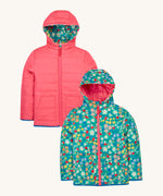 Frugi kids toasty trail reversible jacket in wild woods and tulip colour way. A post consumer recycled polyester jacket with a playful woodland inspired design and a light pink colour side. Features a hood, 2 side pocket and a pink full length zip.
