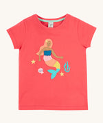 Frugi Tamara t-shirt. A GOTS organic cotton light pink short sleeve top with a mermaid, shell, coral and stars appliqué on the front. Features a light turquoise trim on the inside of the neck