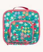 Frugi kids pack a lunch bag in wild woods. A light green lunch bag with various woodland inspired prints and pink trim. Features 2 compartments with zip fasteners and handy pink carry handle.