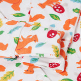 A closeup of the Frugi Organic Cotton Kimono Zip Babygrow squirrel print