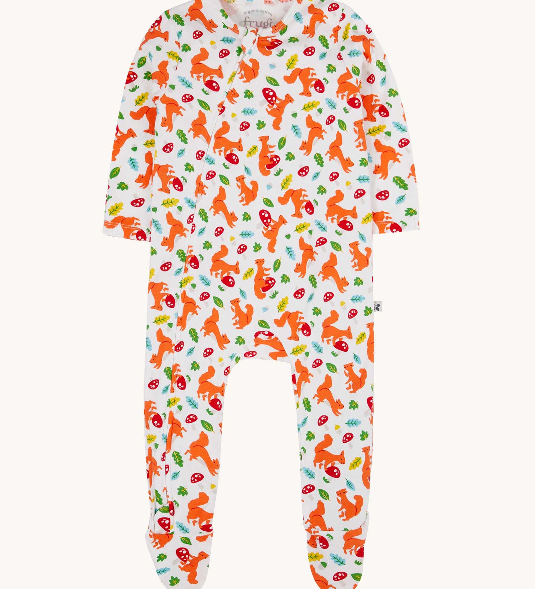 Frugi organic cotton kimono style zip babygrow with a squirrel friends print. 